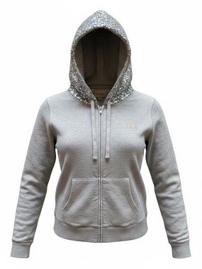 PINK Victoria's Secret Light Gray Sequin Hooded Zip-Up